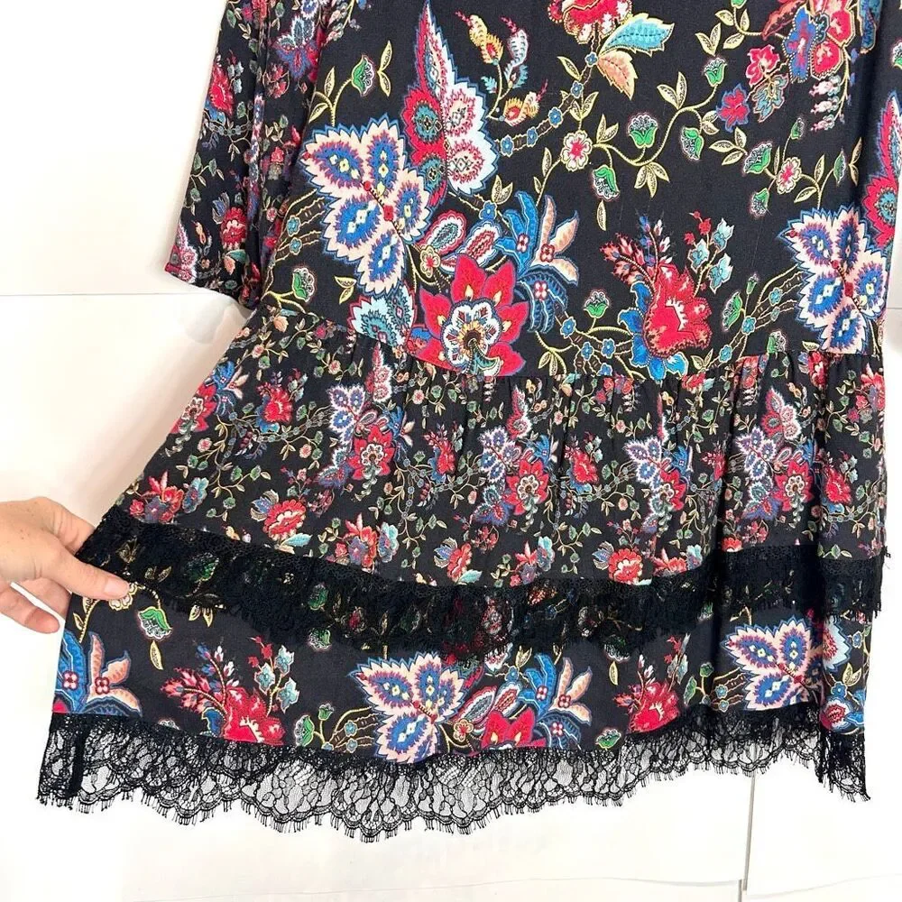 Alice + Olivia Lakita Tunic Dress Small Black Floral Long Sleeve Tiered Lace Boh - Picture 9 of 16